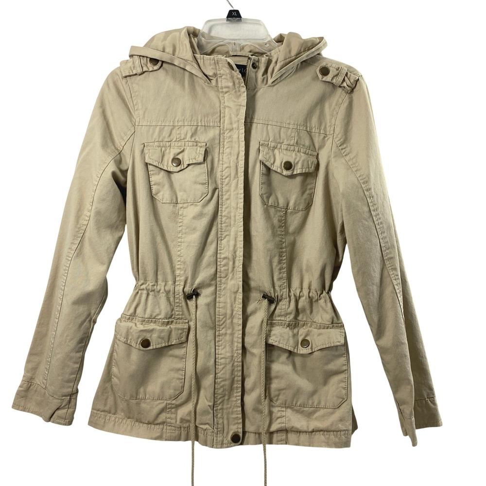 New Look Utility Jacket Women Medium Tan Hooded Drawstring Waist Field Coat